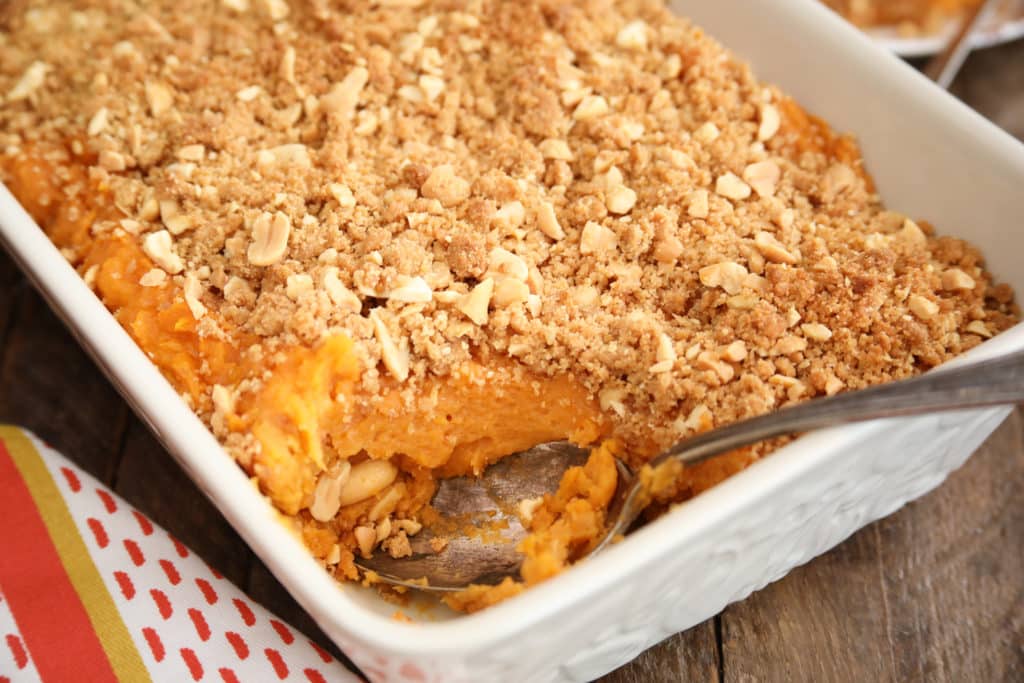 Peanut Butter Sweet Potato Casserole with Peanut Streusel Topping - Peanut Butter Lovers